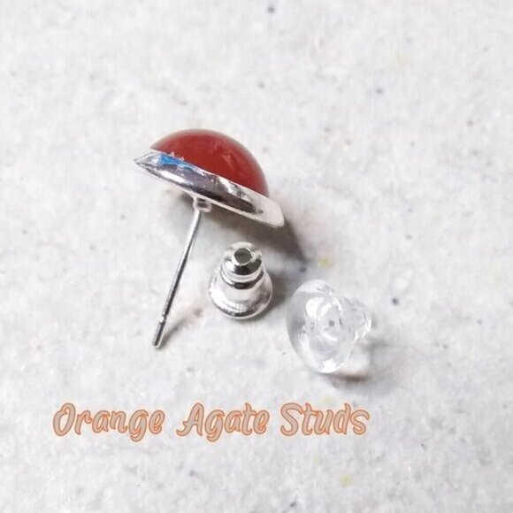 Minimalist Orange Agate Studs in Silver Bezel Cup! Business Casual Color Pop - Picture 3 of 5